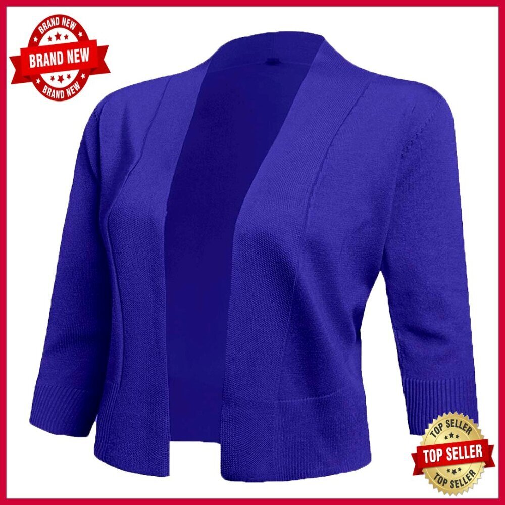 3/4 Sleeve Cropped Cardigan Open Front Ribbed Soft Stretchy Shrug